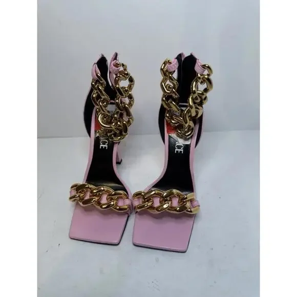 Versace Pink Chain Strap Square Toe Heels Pumps Sz 35 Italy New No Box - Picture 2 of 6